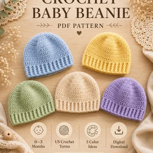 Può includere: Un modello PDF digitale per un berretto da neonato all'uncinetto, con cinque berretti in azzurro, giallo, verde salvia, beige e lavanda. Il testo recita CROCHET BABY BEANIE PDF PATTERN, 0-3 Months, US Crochet Terms, 5 Color Ideas, Digital Download, No Physical Item.