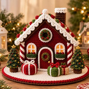 May include: A crochet gingerbread house featuring a dark red facade, white scalloped roof trim with red and green accents, a brown chimney, and two arched windows. The house is decorated with a wreath, two small Christmas trees, and three gift boxes.