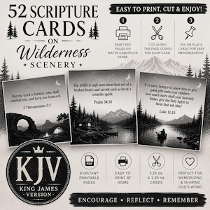 Può includere: Un set di 52 carte delle scritture con paesaggi naturali e testo KJV. Le carte misurano 8,26 cm per 8,26 cm. Le istruzioni includono la stampa su cartoncino opaco, il taglio lungo le guide e l'affissione per la memorizzazione. 9 pagine PDF incluse.