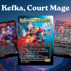 May include: Three rectangular trading cards featuring fantasy illustrations. The center card is titled Kefka, Court Mage, showing a character in red and yellow attire. The left card is Gogo, Mysterious Mime, and the right card is Goblin Chirurgeon.