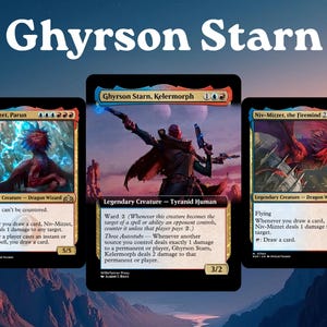 May include: Three Magic: The Gathering trading cards displayed against a mountain landscape. The center card is Ghyrson Starn, Kelermorph, flanked by Niv-Mizzet, Parun on the left and Niv-Mizzet, the Firemind on the right. Each card features detailed fantasy art.