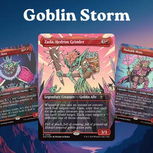 May include: Three Magic: The Gathering trading cards titled Goblin Storm, featuring Krenko, Mob Boss, Zada, Hedron Grinder, and Pashalik Mons. Each card displays colorful, stylized goblin illustrations with red borders and detailed game text.