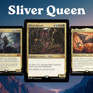 May include: Three Magic: The Gathering trading cards titled Sliver Hivelord, Sliver Queen, and The First Sliver. Each card features detailed creature illustrations, mana symbols, text boxes with game rules, and power/toughness stats at the bottom.