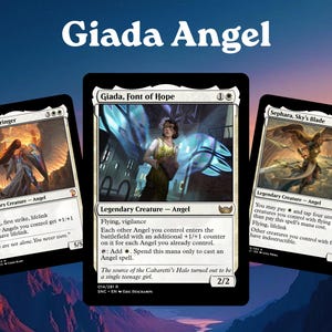May include: Three Magic: The Gathering trading cards titled Lyra Dawnbringer, Giada, Font of Hope, and Sephara, Sky's Blade are displayed against a sunset background. The text Giada Angel is printed in white at the top of the image.
