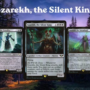May include: Three Magic: The Gathering trading cards titled Anrakyr the Traveller, Szarekh, the Silent King, and Imotekh the Stormlord. Each card features detailed fantasy artwork of Necron characters with green and blue glowing energy effects.