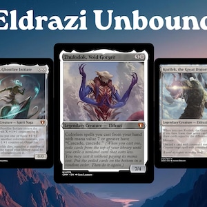 May include: Three Magic: The Gathering trading cards titled Eldrazi Unbound, featuring Omarthis, Ghostfire Initiate, Zhulodok, Void Gorger, and Kozilek, the Great Distortion. Each card displays detailed fantasy artwork, text, and game statistics.
