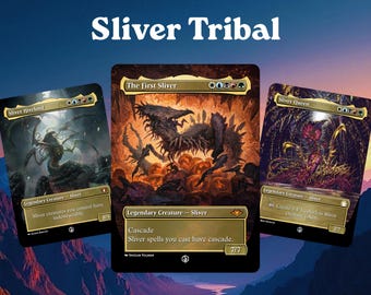 May include: Three Magic: The Gathering trading cards titled Sliver Hivelord, The First Sliver, and Sliver Queen are displayed against a gradient background with the text Sliver Tribal at the top. Each card features detailed creature artwork.