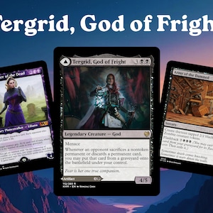 May include: Three Magic: The Gathering trading cards displayed against a sunset background. The center card is Tergrid, God of Fright, flanked by Liliana, Waker of the Dead on the left and Army of the Damned on the right, all featuring detailed fantasy illustrations.