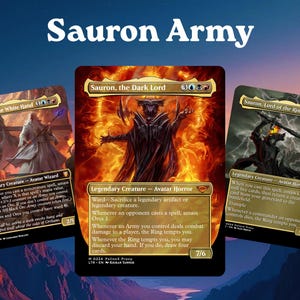 May include: Three Magic: The Gathering trading cards titled Sauron Army. The left card is Saruman, the White Hand. The center card is Sauron, the Dark Lord, featuring a fiery figure. The right card is Sauron, Lord of the Rings, showing a dark armored warrior.