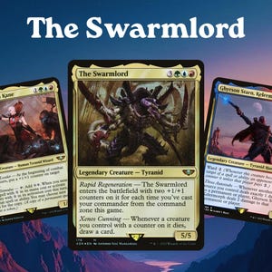 May include: Three Magic: The Gathering trading cards featuring The Swarmlord, Magus Lucea Kane, and Ghyrson Starn, Kelermorph. Each card displays detailed character artwork, text, mana symbols, and power/toughness stats on a dark, decorative border.