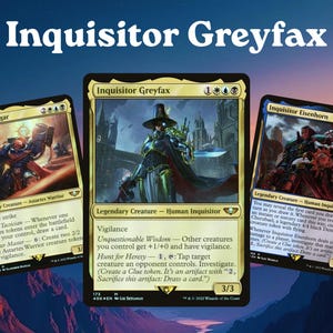 May include: Three Magic: The Gathering trading cards featuring Inquisitor Greyfax, Marneus Calgar, and Inquisitor Eisenhorn. Each card displays character artwork, text, mana symbols, and power/toughness stats against a dark, gothic-themed background.