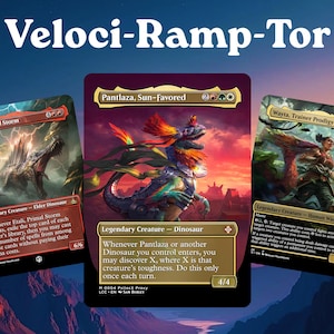 May include: Three Magic: The Gathering trading cards titled Veloci-Ramp-Tor. The cards feature illustrations of Etali, Primal Storm, Pantlaza, Sun-Favored, and Wayta, Trainer Prodigy, each displaying detailed artwork, text, and mana symbols on a dark background.