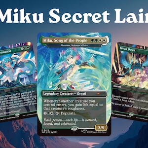 May include: Three Magic: The Gathering trading cards from the Miku Secret Lair set, featuring Miku, Song of the People, Finale of Devastation, and Break Down. Each card displays vibrant teal-haired anime character illustrations and game text.