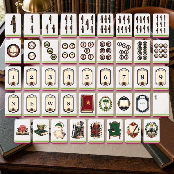 Literary Book Club American Mahjong Set, 160 Tiles with Gift Box, 4 Rule Books & 4 Dice, Book Club Gift for Her