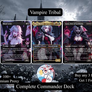 May include: Three Magic: The Gathering cards titled Blood Artist, Edgar Markov, and Ayara, First of Locthwain, featuring dark fantasy vampire illustrations. The cards are displayed against a gothic background with white roses and a fox logo.