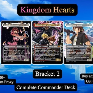 May include: Three Kingdom Hearts themed trading cards featuring Aerith Gainsborough, Lightning, and Beatrix. The cards display character illustrations, game text, and stats. The text Kingdom Hearts, Bracket 2, and Complete Commander Deck appear.