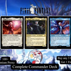May include: Three Final Fantasy trading cards featuring Alisaie Leveilleur, Y'shtola, Night's Blessed, and Alphinaud Leveilleur. The cards are displayed against a fantasy landscape background with text stating 100+ Premium Proxy Complete Commander Deck.