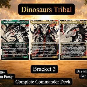 May include: Three trading cards titled Dinosaurs Tribal, Bracket 3, and Complete Commander Deck. The cards feature Ghalta, Stampede Tyrant, Zacama, Primal Calamity, and Pantlaza, Sun-Favored with black, white, and red ink-wash style dinosaur illustrations.