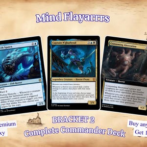 May include: Three Magic: The Gathering trading cards titled Aboleth Spawn, Captain N'ghathrod, and Consuming Aberration. The text Mind Flayarrrs, BRACKET 2 Complete Commander Deck, 100+ Premium Proxy, and Buy any 3 Decks Get 1 Free are visible.