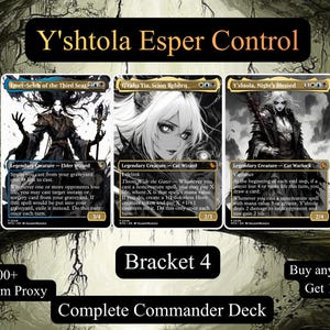 May include: Three Magic: The Gathering trading cards titled Emet-Selch of the Third Seat, G'raha Tia, Scion Reborn, and Y'shtola, Night's Blessed. The cards feature black and white character illustrations and text, presented as a Y'shtola Esper Control deck.