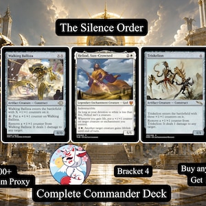 May include: Three Magic: The Gathering trading cards titled Walking Ballista, Heliod, Sun-Crowned, and Triskelion displayed against a fantasy architectural background. The text The Silence Order, Bracket 4, and 100+ Premium Proxy are visible.