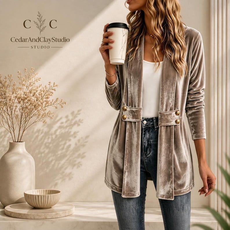Women’s polyester velvet cardigan in ivory with decorative gold buttons, long sleeves, and a mid-length elegant design.