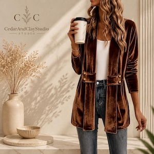 Women’s polyester velvet cardigan in ivory with decorative gold buttons, long sleeves, and a mid-length elegant design.