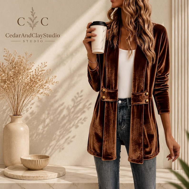 Women’s polyester velvet cardigan in ivory with decorative gold buttons, long sleeves, and a mid-length elegant design.