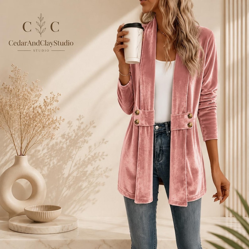 Women’s polyester velvet cardigan in ivory with decorative gold buttons, long sleeves, and a mid-length elegant design.