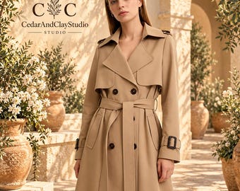 May include: A beige double-breasted trench coat featuring a wide collar, shoulder epaulets, and a matching tie belt at the waist. The coat has long sleeves with buckled straps at the cuffs and dark brown buttons down the front.