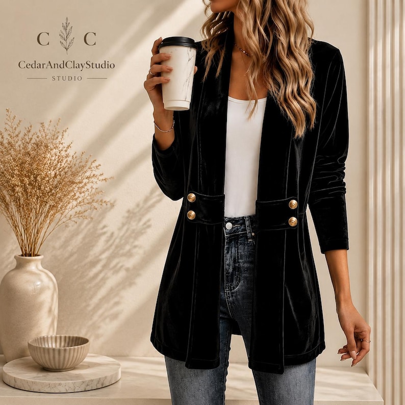 Women’s polyester velvet cardigan in ivory with decorative gold buttons, long sleeves, and a mid-length elegant design.