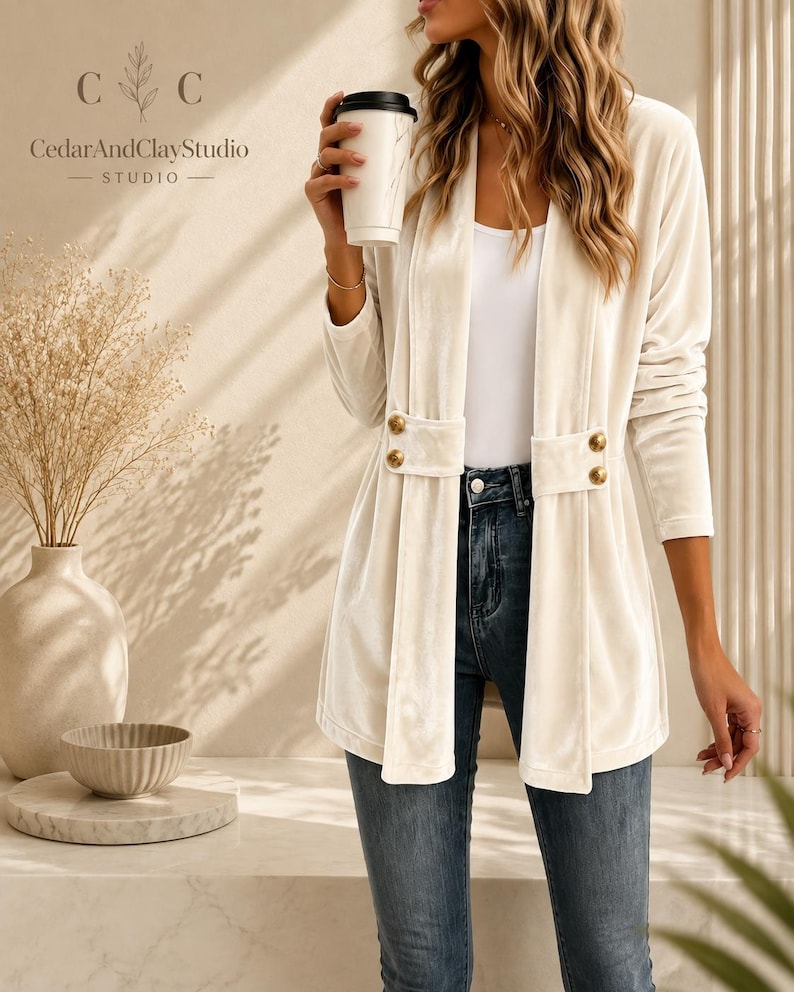 Women’s polyester velvet cardigan in ivory with decorative gold buttons, long sleeves, and a mid-length elegant design.
