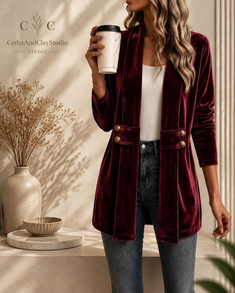 Women’s polyester velvet cardigan in ivory with decorative gold buttons, long sleeves, and a mid-length elegant design.