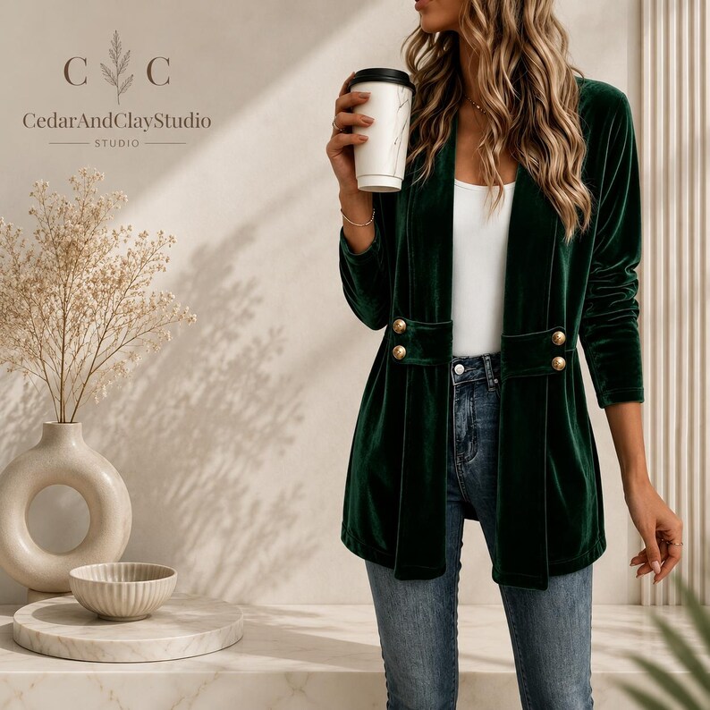 Women’s polyester velvet cardigan in ivory with decorative gold buttons, long sleeves, and a mid-length elegant design.