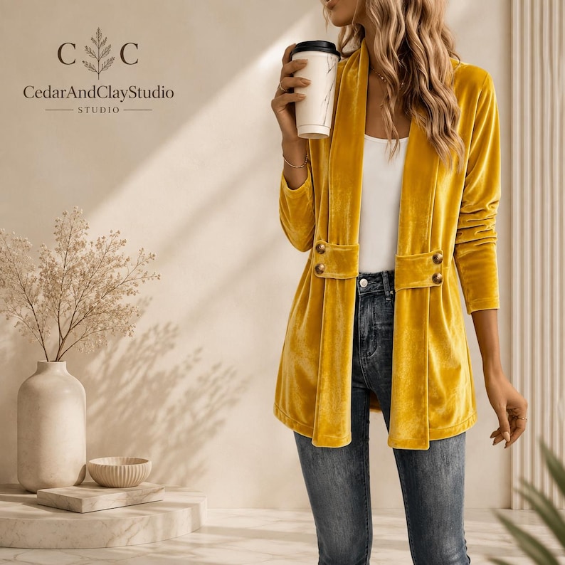 Women’s polyester velvet cardigan in ivory with decorative gold buttons, long sleeves, and a mid-length elegant design.