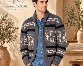 Cardigã masculino em jacquard, jaqueta de tricô com lapela, manga comprida, ideal para outono e inverno.