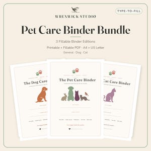 ペットケアバインダーセット、記入可能なPDFバインダー3冊：犬、猫、その他あらゆるペットの健康記録用、USレターサイズ＋A4サイズ