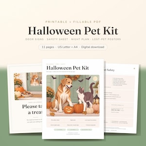 Könnte beinhalten: Ein druckbares und ausfüllbares Halloween-Haustier-Set als digitaler Download mit 11 Seiten in US Letter und A4. Das Set enthält Türschilder, ein Sicherheitsblatt, einen Nachtplan und Plakate für vermisste Haustiere mit Hund und Katze.