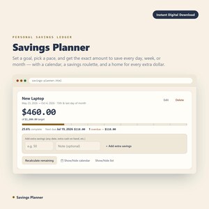 Può includere: Un'interfaccia di pianificazione del risparmio intitolata Personal Savings Ledger. Mostra un obiettivo per un nuovo portatile con 460,00 $ risparmiati su un target di 1.800,00 $, una barra di avanzamento, scadenze e campi per inserire risparmi.