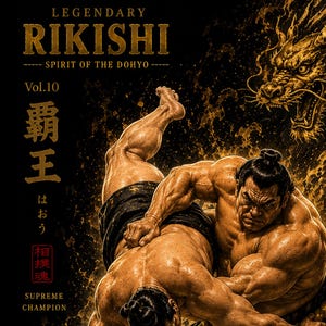Könnte beinhalten: Ein Poster mit zwei Sumoringern in einem dynamischen Kampf vor schwarzem Hintergrund mit goldenen Drachenmotiven. Der Text umfasst LEGENDARY RIKISHI, SPIRIT OF THE DOHYO, Vol.10, 覇王, はおう, SUPREME CHAMPION und ein kreisförmiges Emblem mit dem Kanji 力.