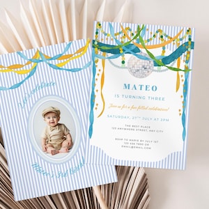 May include: Two rectangular birthday invitation cards with a light blue and white vertical striped background. The left card features a photo of a child in an oval frame and the text "Let's celebrate" and "Mateo's 3rd Birthday". The right card displays a disco ball, colorful streamers, and event details for "Mateo is turning three" on July 27th.