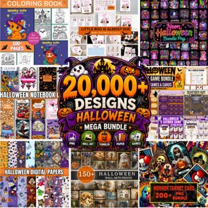 Op de afbeelding: Een digitale collectie van 20.000+ Halloween-ontwerpen, waaronder kleurboeken, babyshower-bundels, neongraphics, notitieboekjes, spelletjes, speurtochten, digitaal papier, wandkunstprints en horror-tarotkaarten met geesten, pompoenen en heksen.