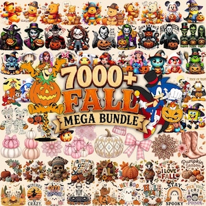 Puede incluir: Una colección gráfica digital que presenta numerosos personajes de dibujos animados con disfraces de Halloween, calabazas e ilustraciones otoñales. El texto central dice 7000+ FALL MEGA BUNDLE en letras negritas, naranjas y marrones.