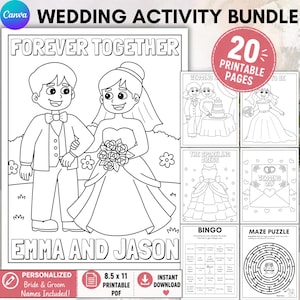 May include: A wedding activity bundle featuring 20 printable pages in black and white. The main page shows a bride and groom with the text Forever Together and Emma and Jason. Additional pages include a maze, bingo, and wedding-themed illustrations.