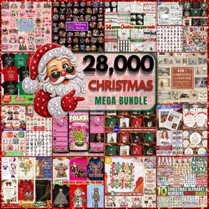 May include: A digital collage featuring a central illustration of Santa Claus wearing sunglasses and a red hat, surrounded by various Christmas-themed graphics, including text reading 28,000 CHRISTMAS MEGA BUNDLE, holiday patterns, gift tags, and festive character designs.