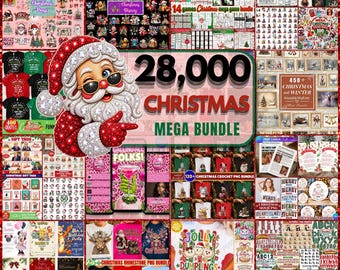 Puede incluir: Un collage digital con una ilustración central de Santa Claus con gafas de sol y un gorro rojo, rodeado de varios gráficos navideños, incluyendo el texto 28,000 CHRISTMAS MEGA BUNDLE, patrones festivos, etiquetas de regalo y diseños de personajes.