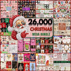 May include: A digital collage featuring a large Santa Claus illustration wearing sunglasses, surrounded by numerous Christmas-themed graphics, including stickers, printable wall art, crochet patterns, gift tags, and fonts, with the text 26,000 CHRISTMAS MEGA BUNDLE.