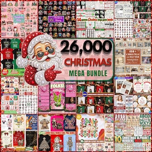 Op de afbeelding: Een digitale collage met een centrale illustratie van een knipogende kerstman met een zonnebril, omringd door diverse kerstafbeeldingen, waaronder de tekst 26,000 CHRISTMAS MEGA BUNDLE, feestelijke patronen en cadeaulabels.