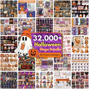 May include: A digital collection of Halloween-themed graphic assets featuring a central ghost character holding a drink next to a pumpkin. The collage displays various categories including wall art, stickers, digital papers, and character illustrations.