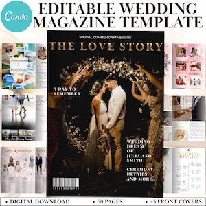 Wedding Day Magazine Template | Wedding Program | Infographic Magazine Design | Seating Chart, Fun Facts, Menu Template, Wedding Games